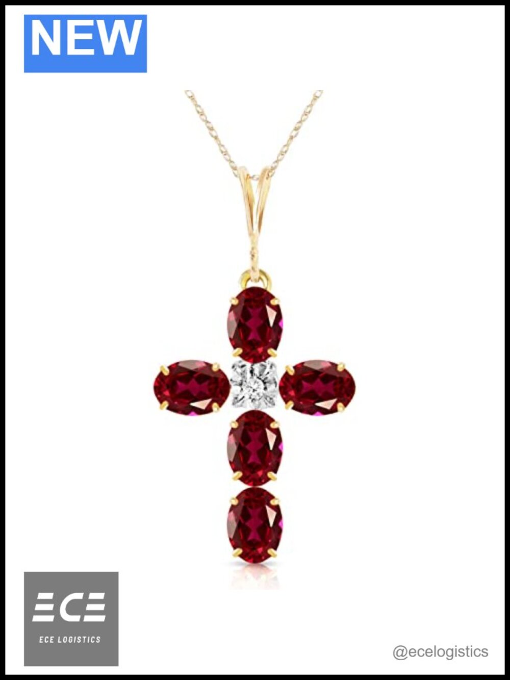 14K Solid Gold Ruby & Diamond Cross Pendant Necklace 14 Inch